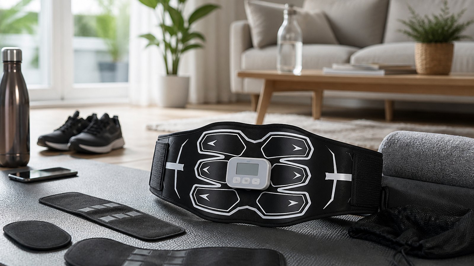 Full-body washable EMS belt on a yoga mat with accessory pads