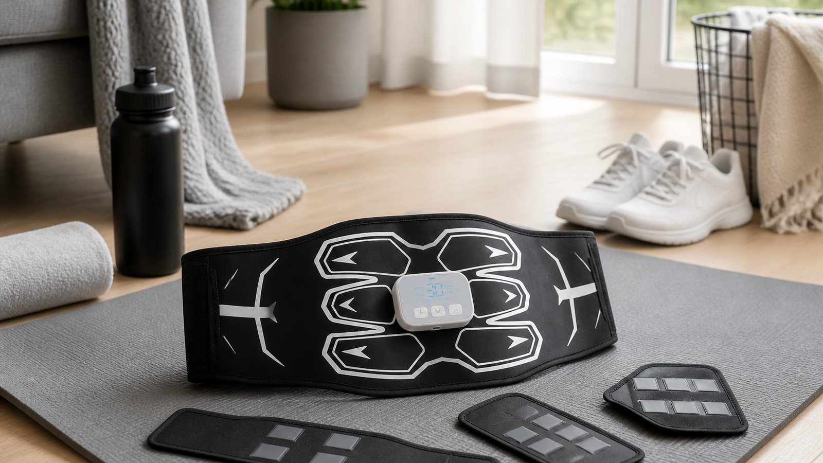 Full-body washable EMS belt on a yoga mat with accessory pads