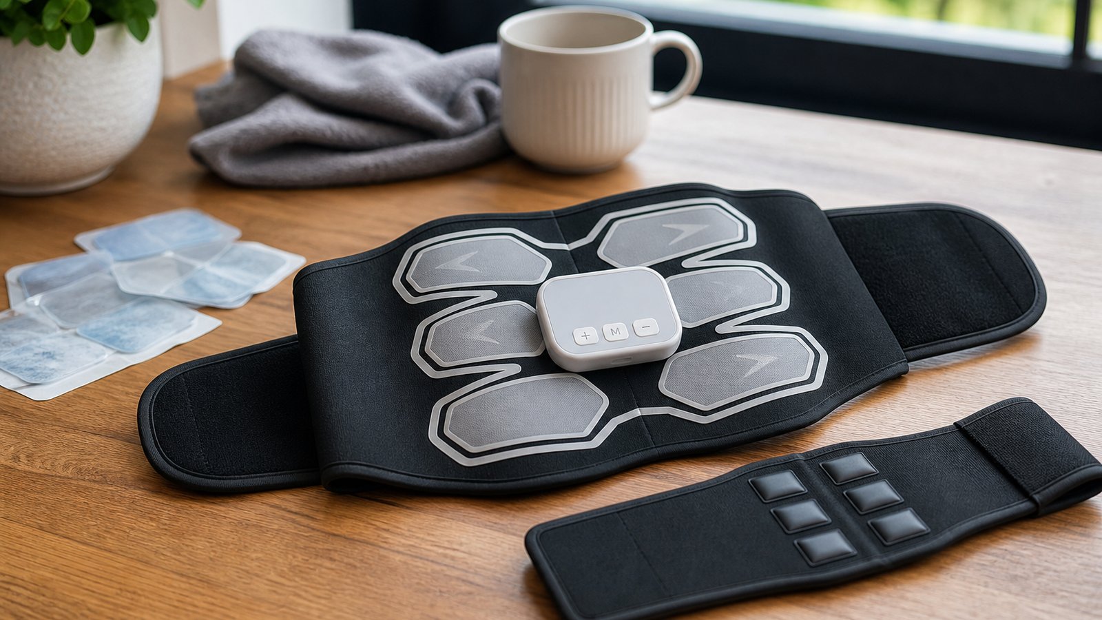 Washable EMS belt ahead of blurred discarded gel pad sheets