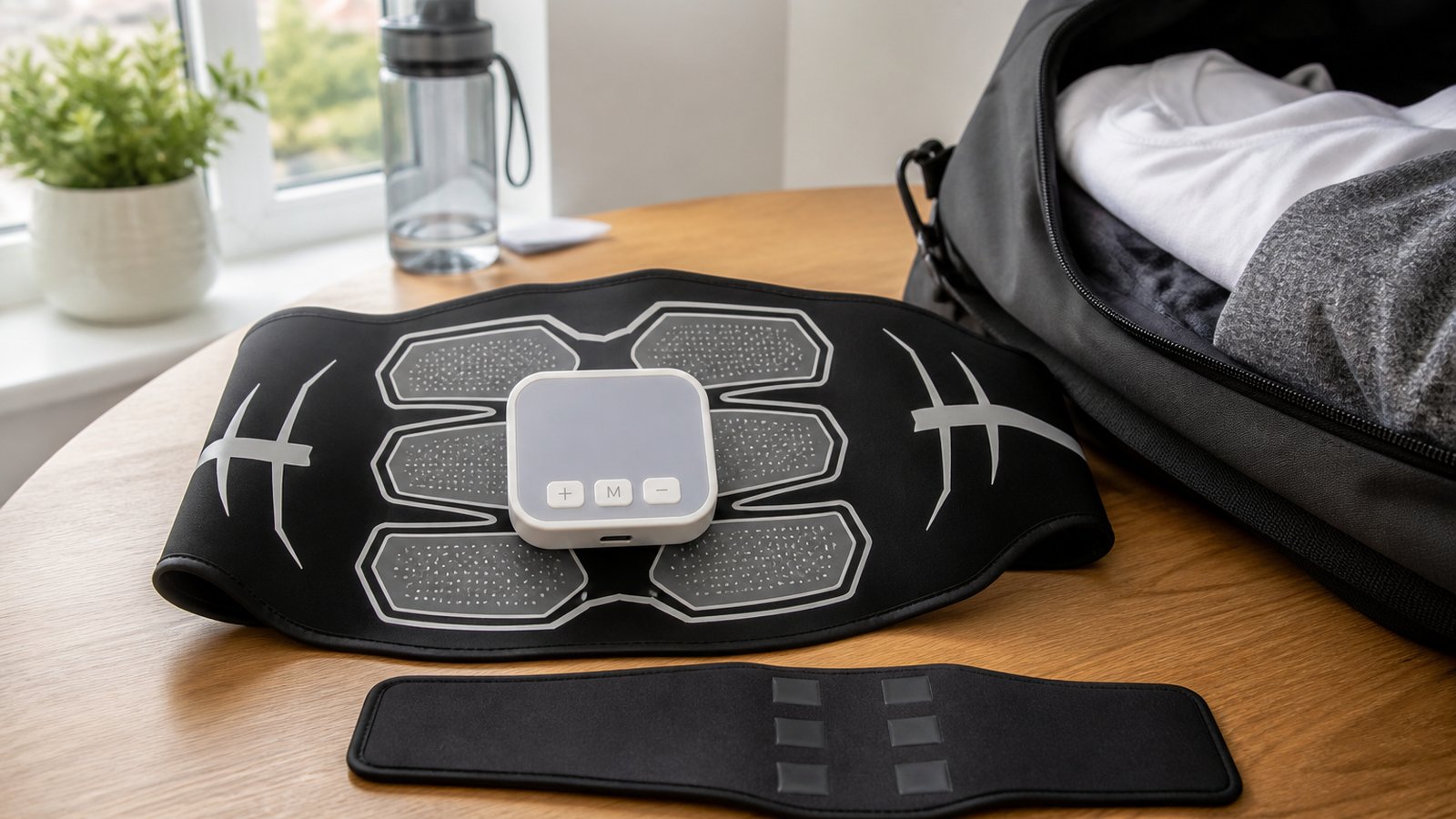 Compact washable EMS belt beside an open weekend bag