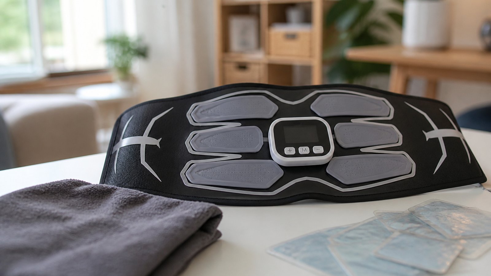 Washable EMS belt ahead of blurred discarded gel pad sheets