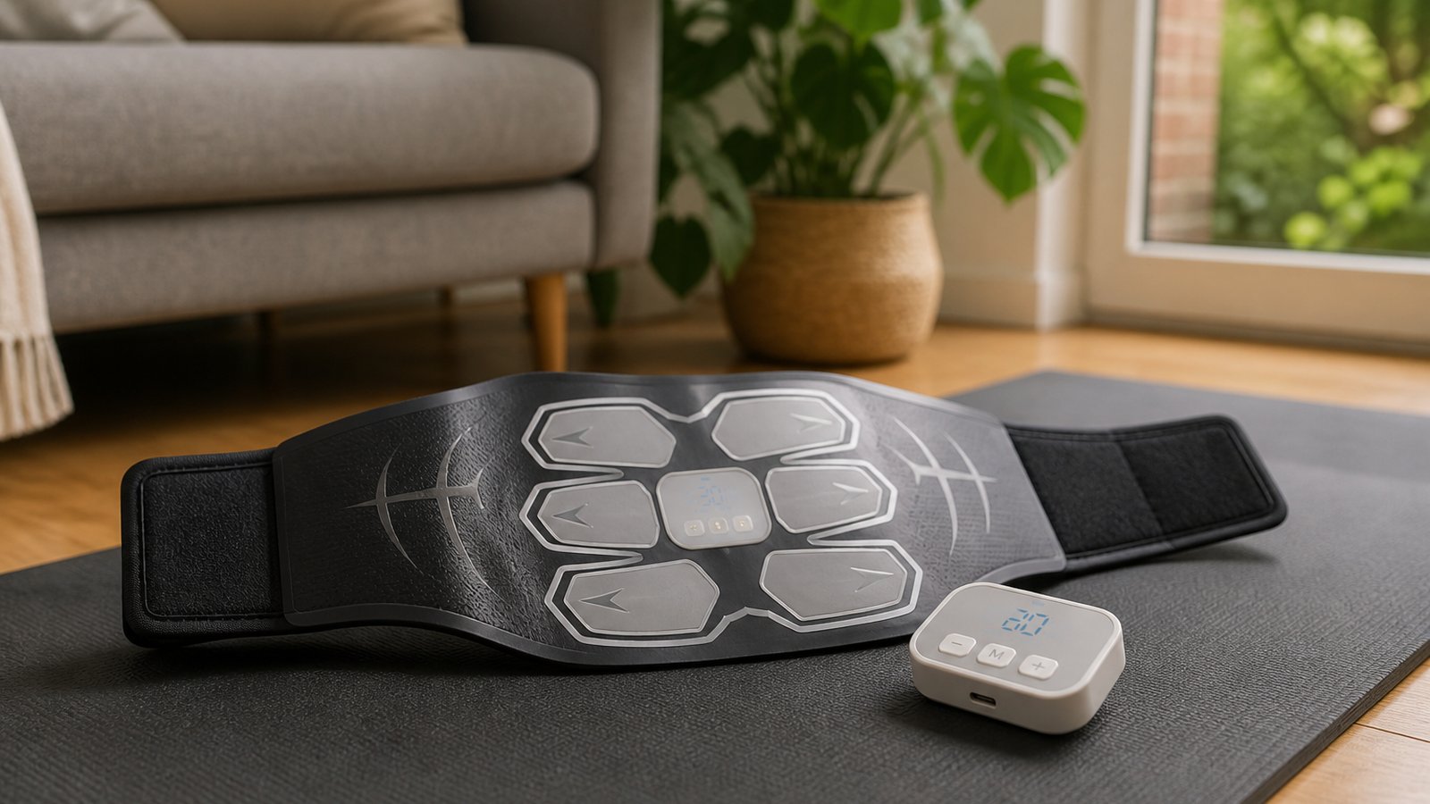 Washable silicone-pad EMS abs trainer belt on a UK yoga mat