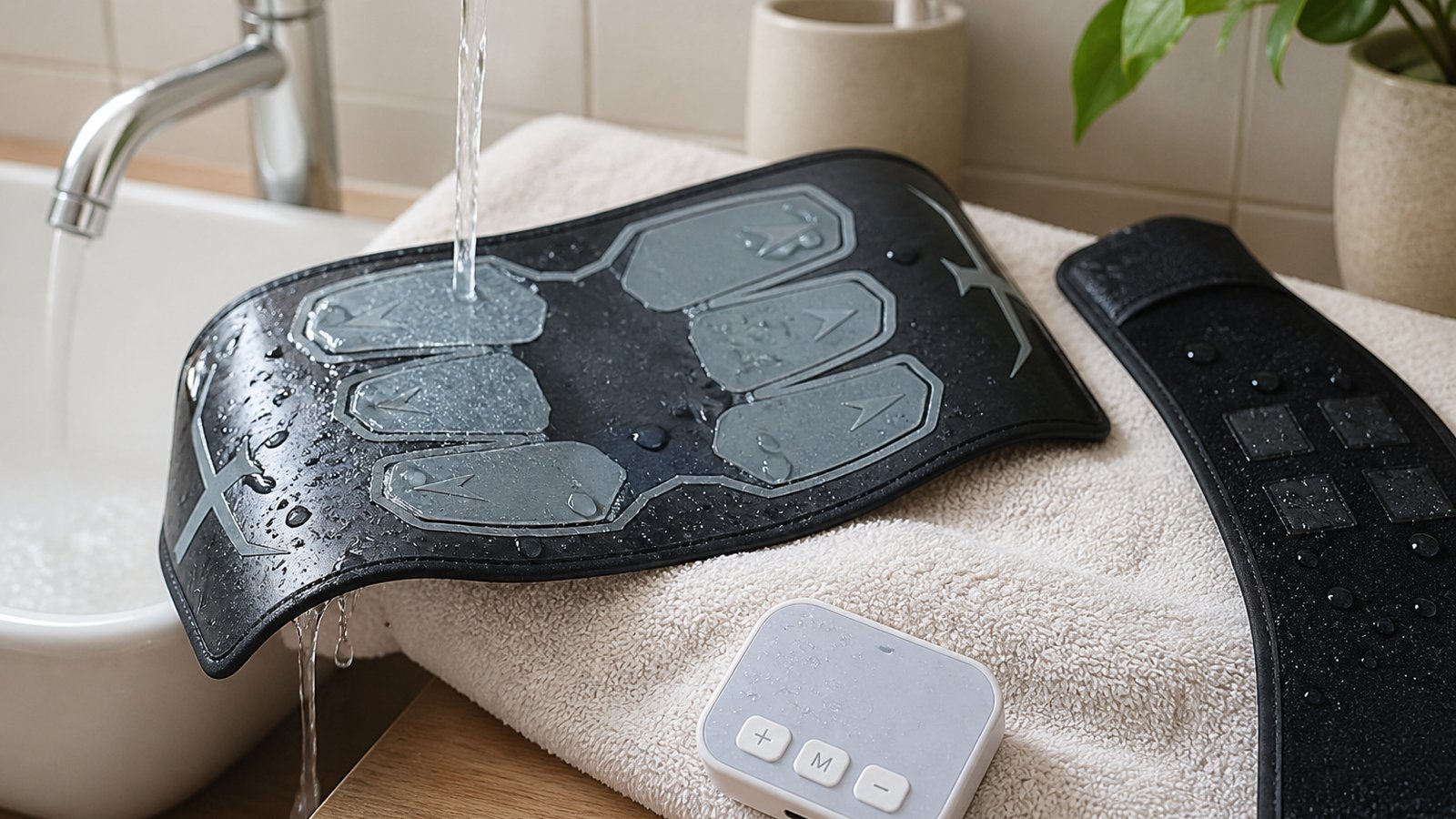 Washable silicone EMS pads rinsing and air drying on a towel
