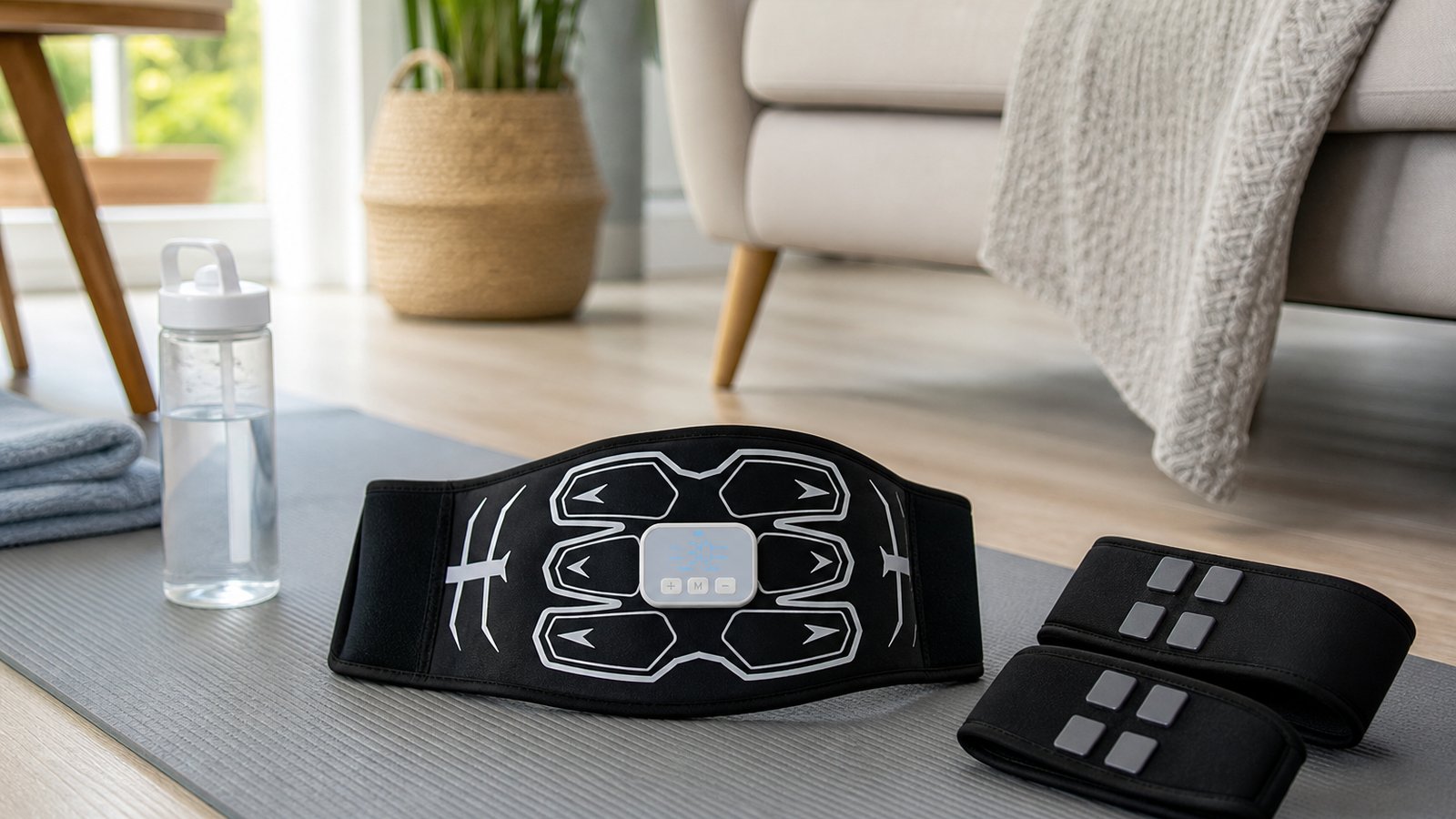 Full-body washable EMS belt on a yoga mat with accessory pads