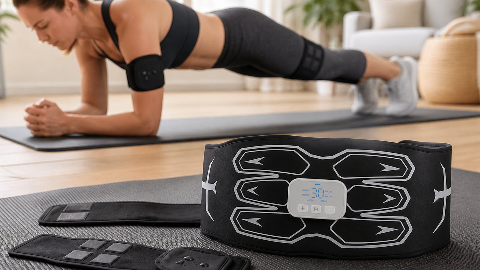 Full-body washable EMS belt on a yoga mat with accessory pads