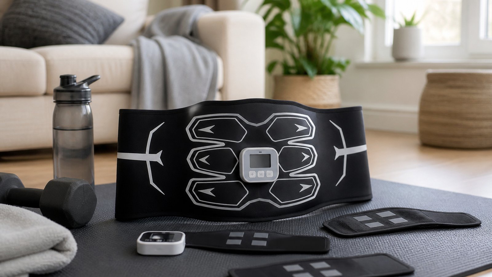 Full-body washable EMS belt on a yoga mat with accessory pads