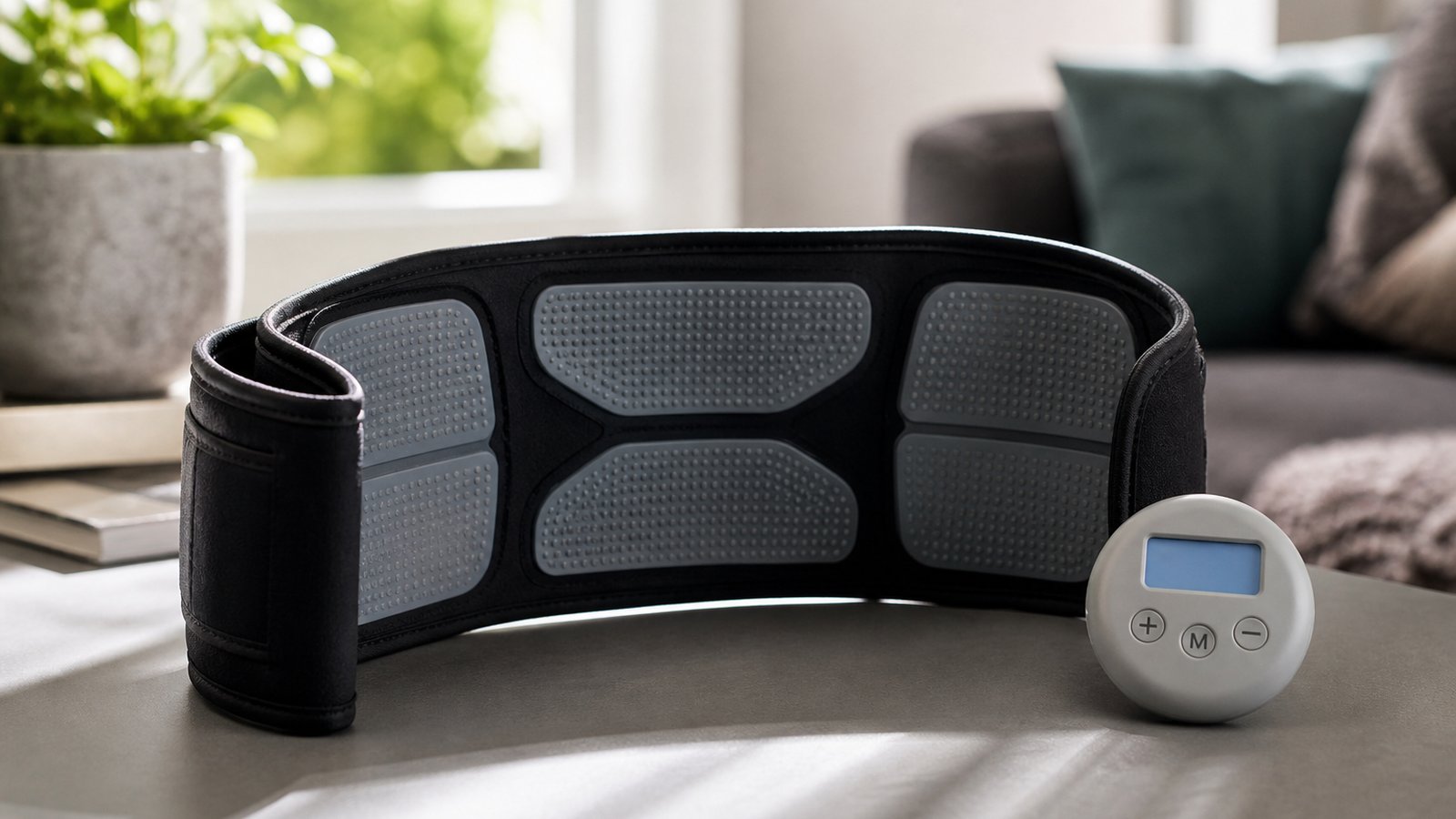 Washable EMS belt centred on a matte desk for buyer checks