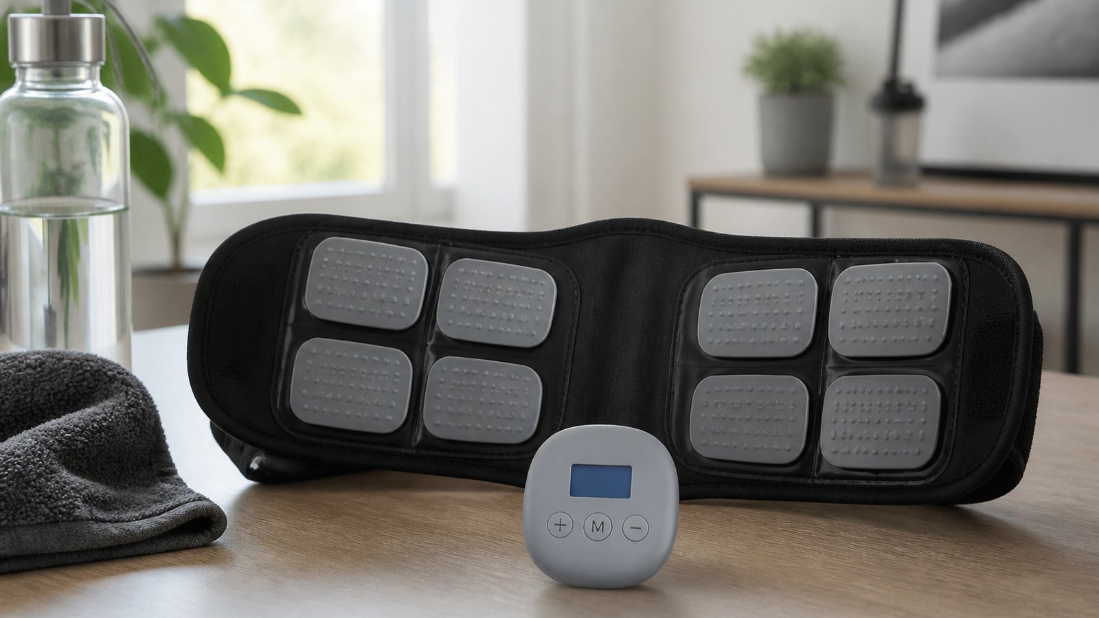 Washable EMS belt centred on a matte desk for buyer checks