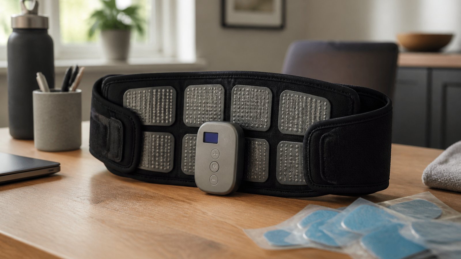 Washable EMS belt ahead of blurred discarded gel pad sheets