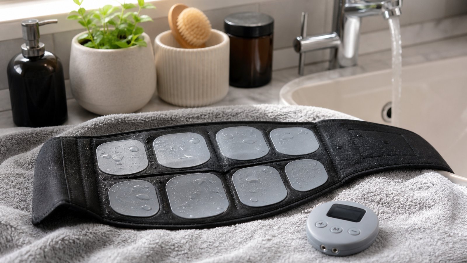 Washable silicone EMS pads rinsing and air drying on a towel