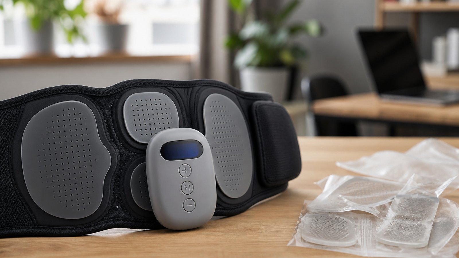 Washable EMS belt ahead of blurred discarded gel pad sheets