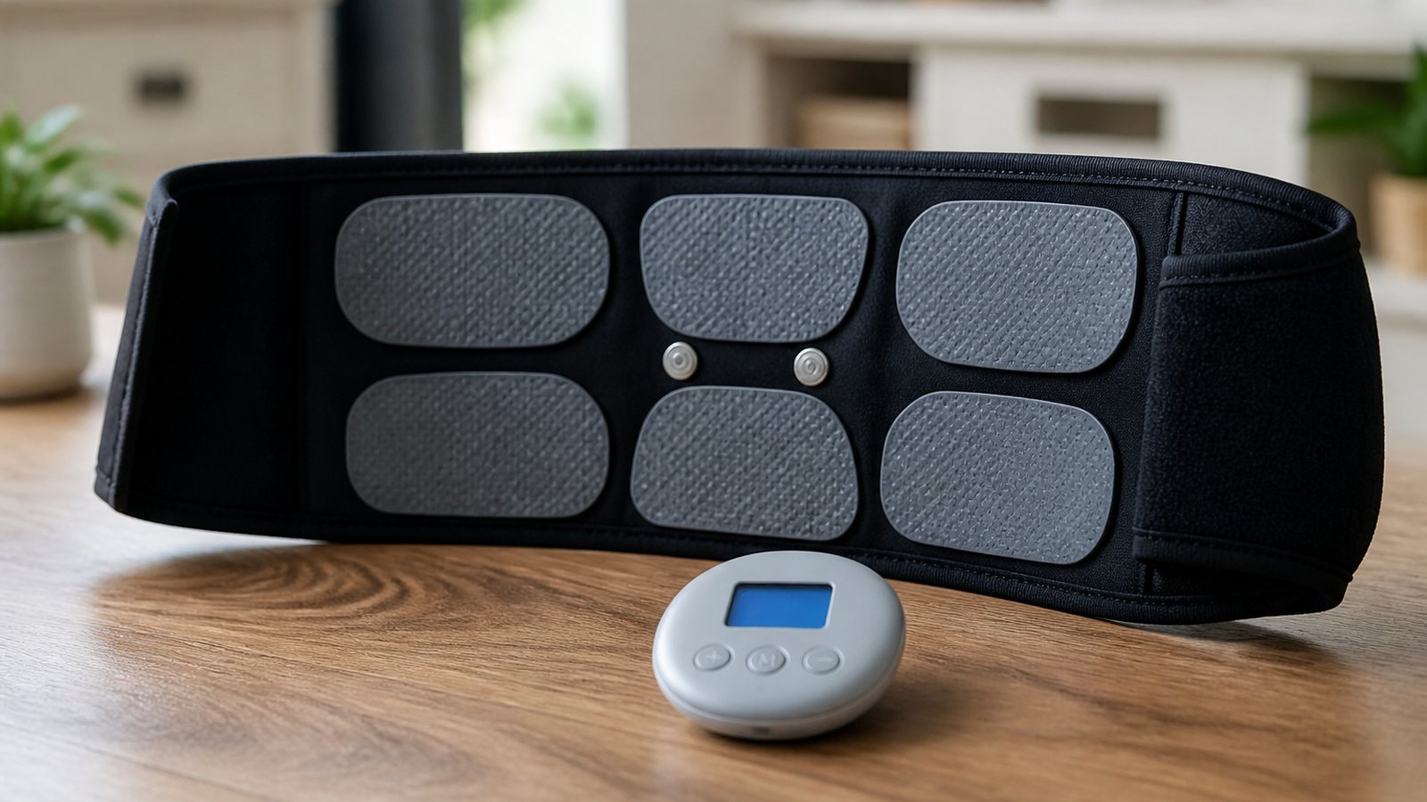 Washable EMS belt on a wooden table for a value decision