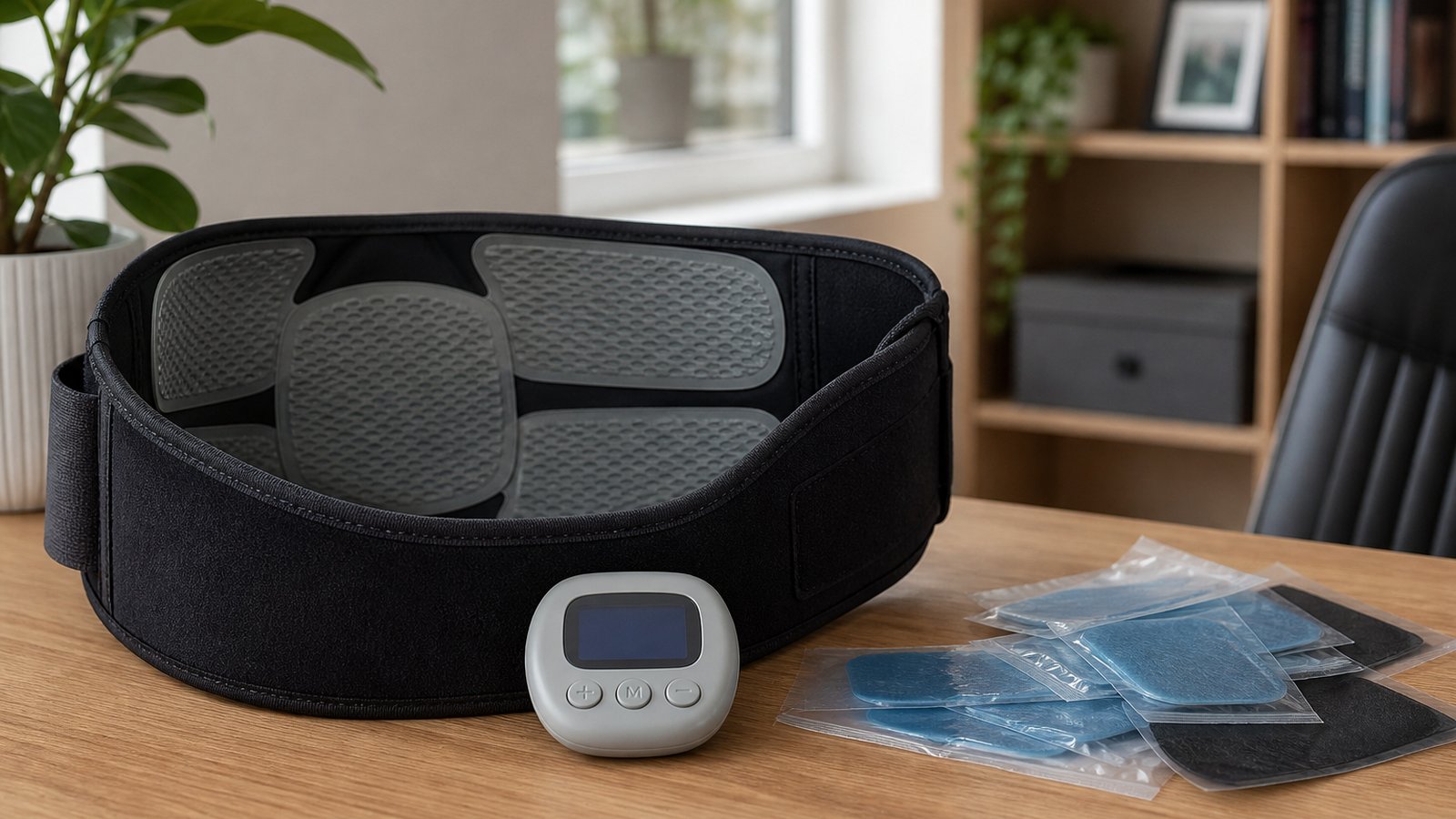 Washable EMS belt ahead of blurred discarded gel pad sheets