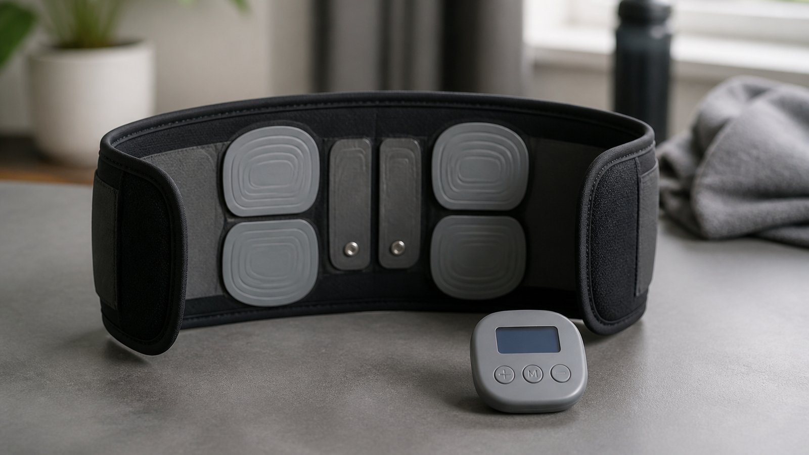 Washable EMS belt centred on a matte desk for buyer checks