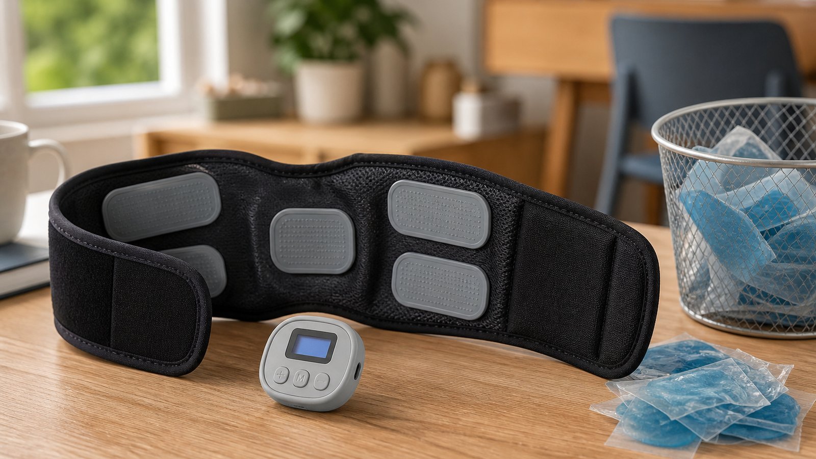 Washable EMS belt ahead of blurred discarded gel pad sheets