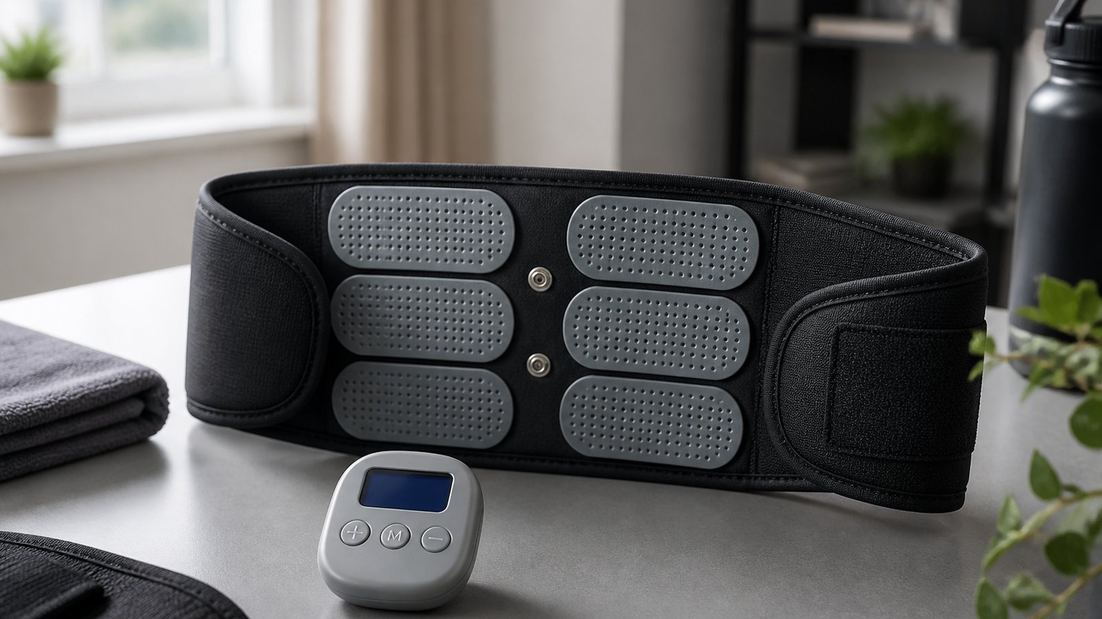 Washable EMS belt centred on a matte desk for buyer checks