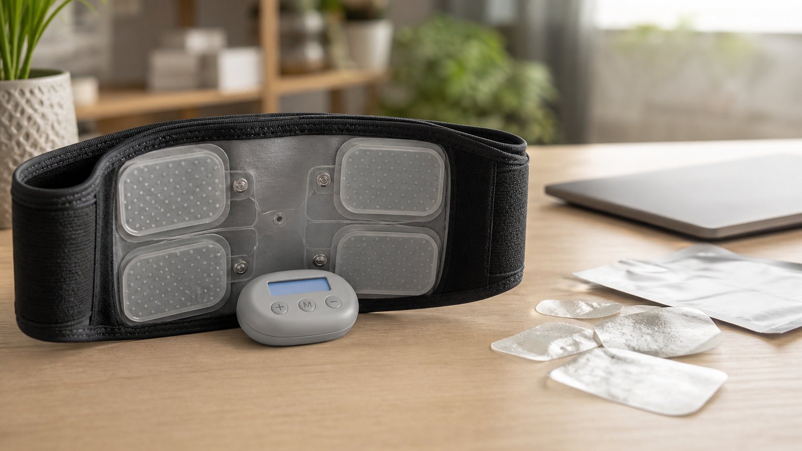 Washable EMS belt ahead of blurred discarded gel pad sheets