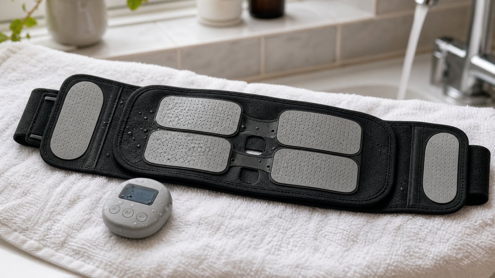 Washable silicone EMS pads rinsing and air drying on a towel