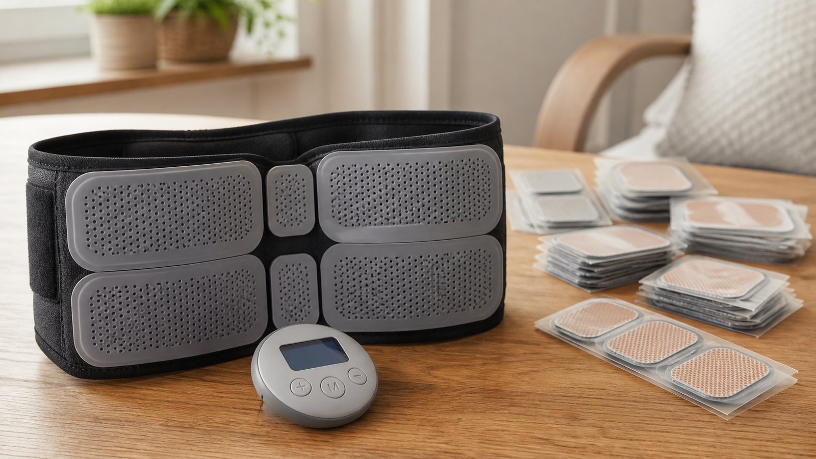 Washable EMS belt on a wooden table for a value decision