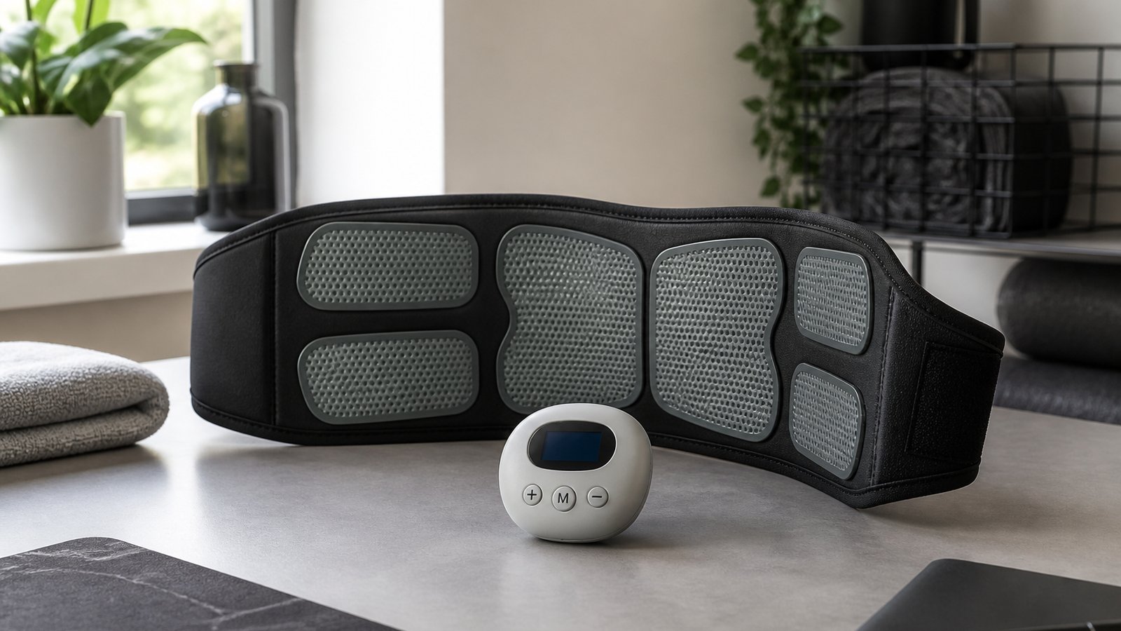 Washable EMS belt centred on a matte desk for buyer checks