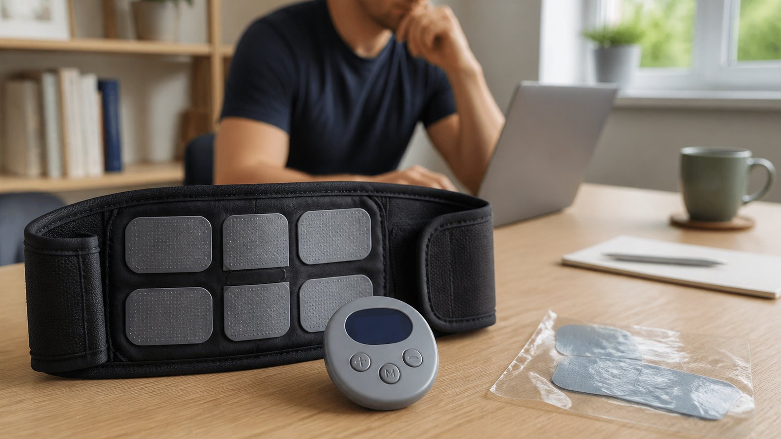 Washable EMS belt ahead of blurred discarded gel pad sheets