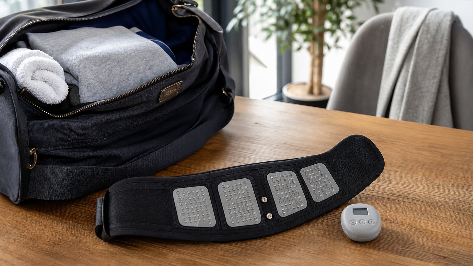 Compact washable EMS belt beside an open weekend bag