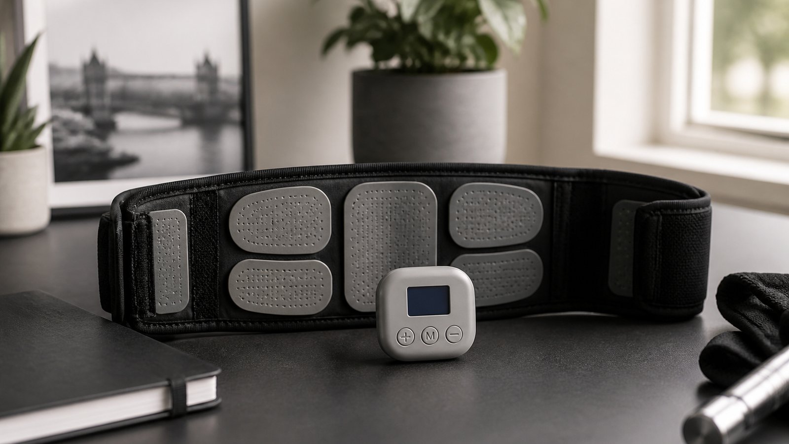 Washable EMS belt on a wooden table for a value decision
