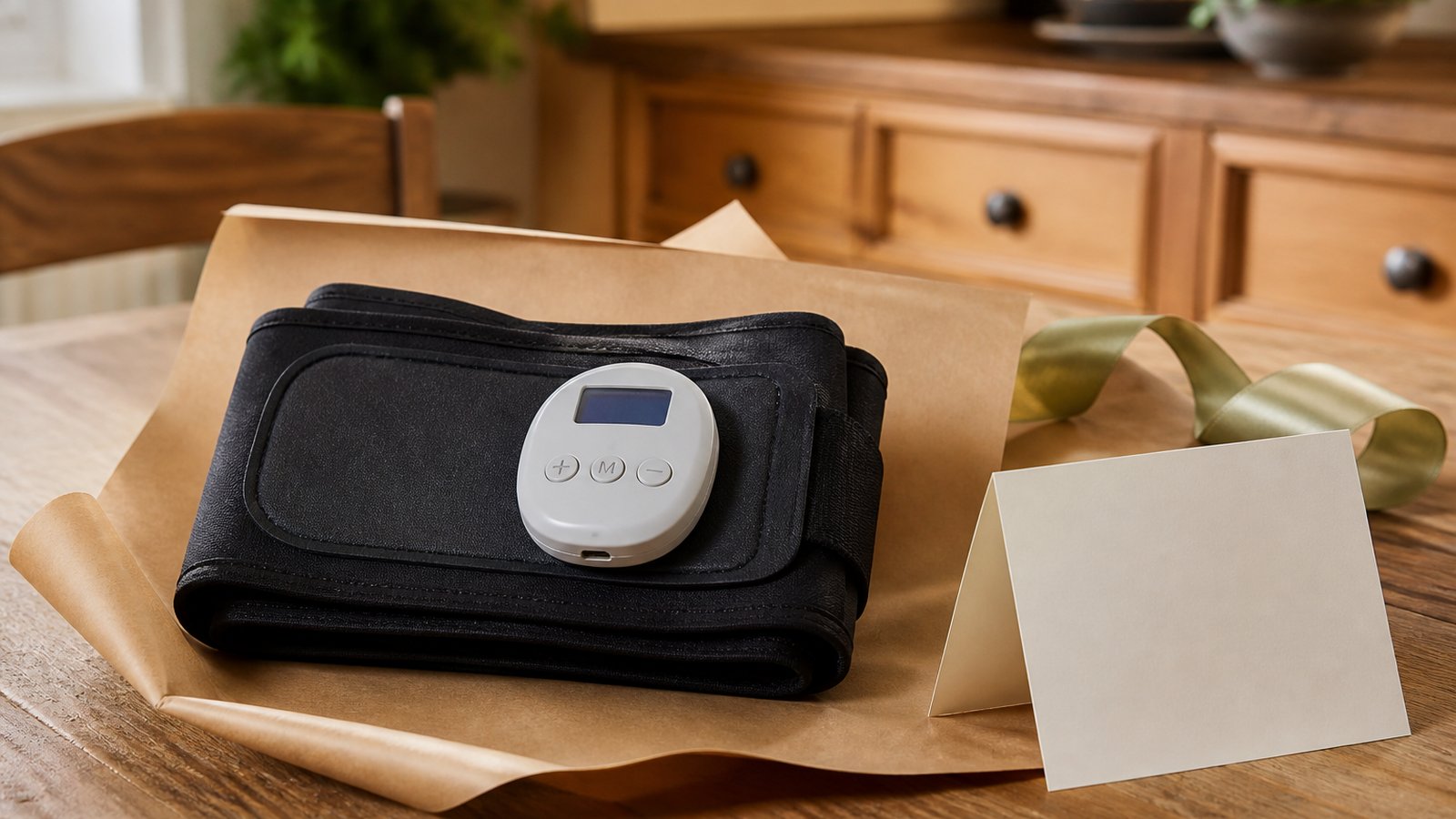 Gift-ready washable EMS belt folded on kraft paper