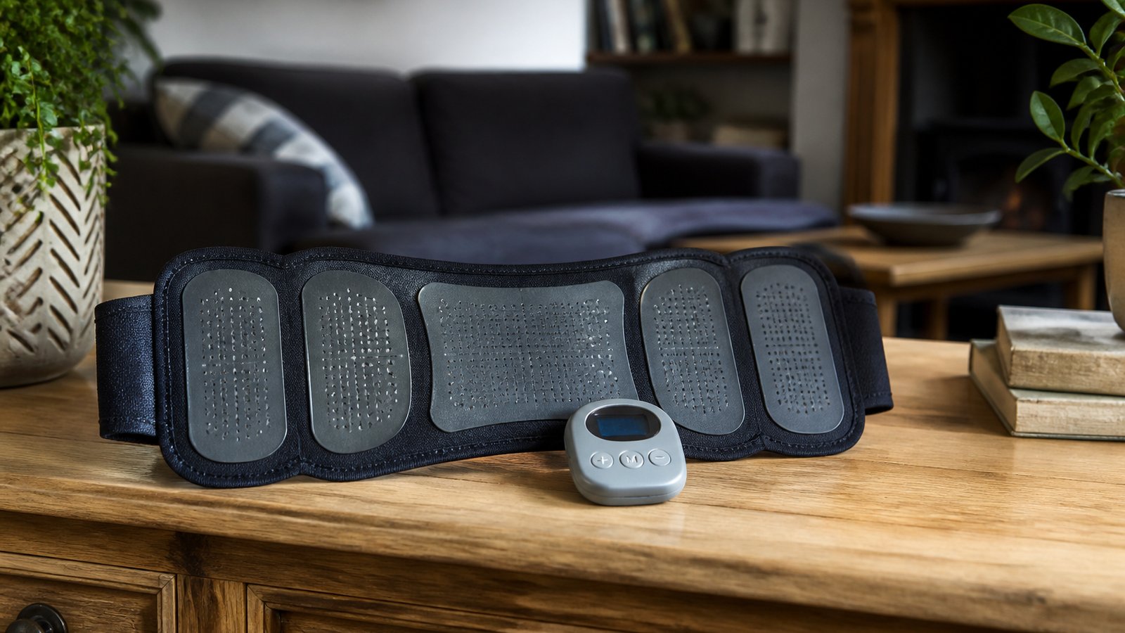 Washable silicone-pad EMS abs trainer belt on a UK yoga mat