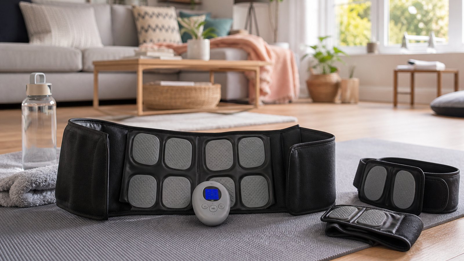 Full-body washable EMS belt on a yoga mat with accessory pads