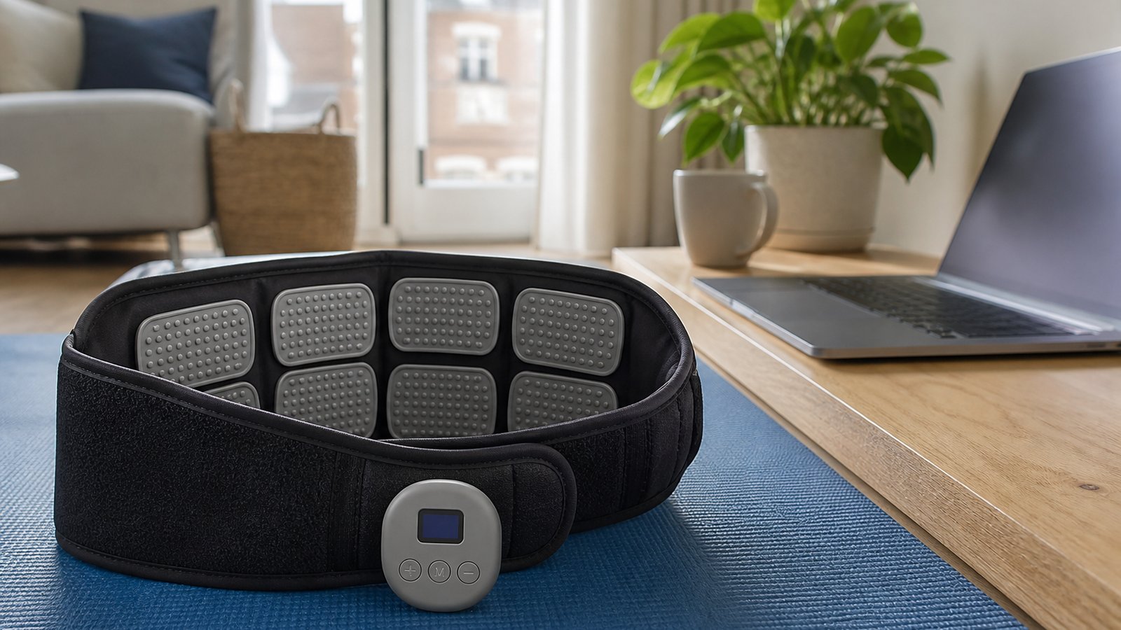Washable silicone-pad EMS abs trainer belt on a UK yoga mat