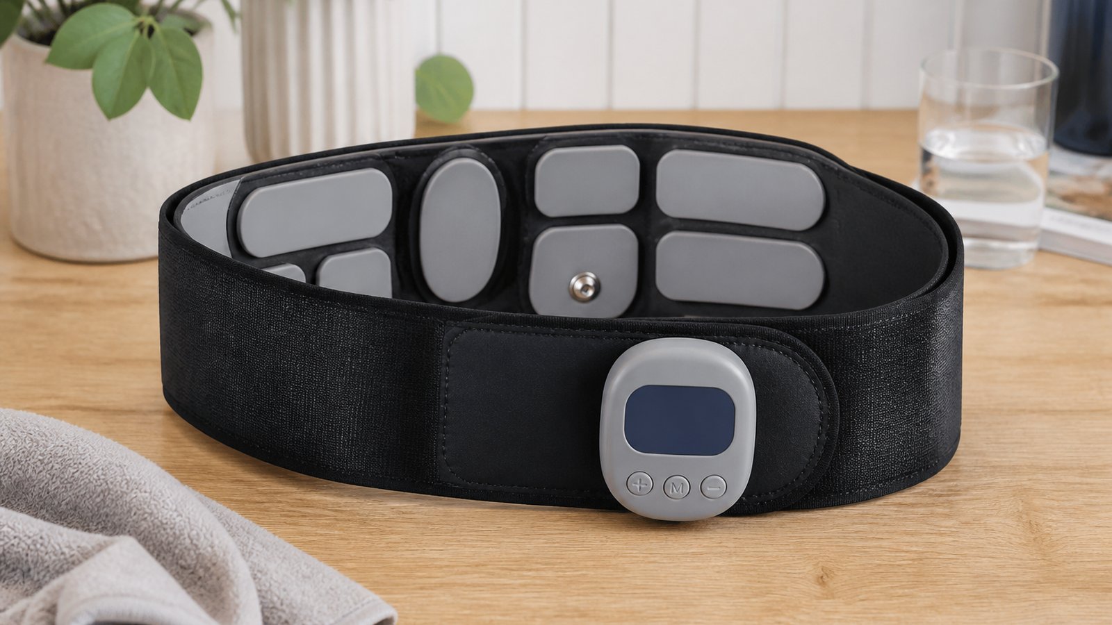 Washable silicone-pad EMS abs trainer belt on a UK yoga mat