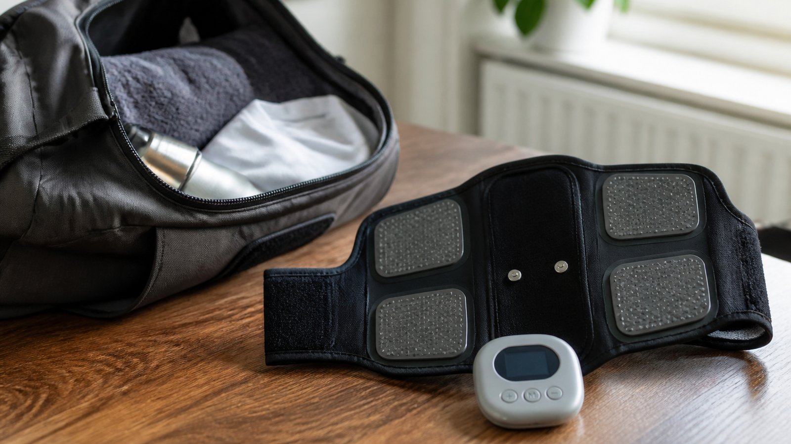 Compact washable EMS belt beside an open weekend bag