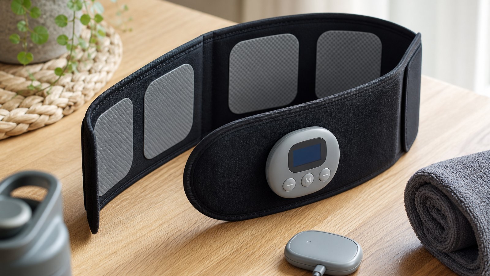 Washable EMS belt on a wooden table for a value decision