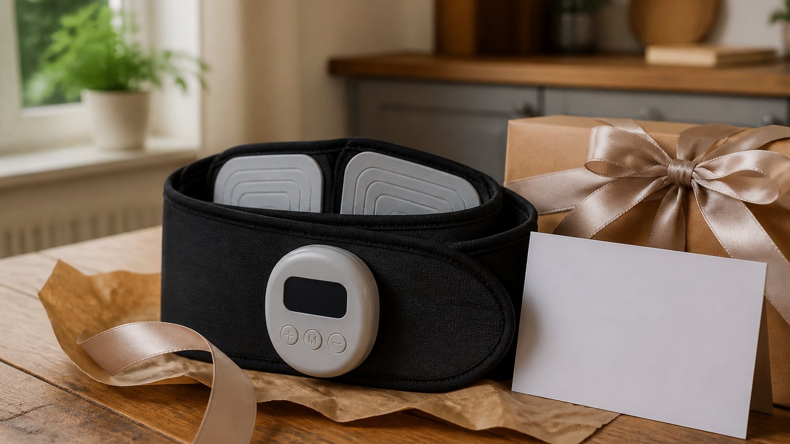Gift-ready washable EMS belt folded on kraft paper