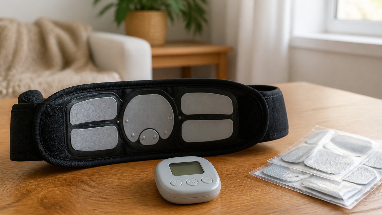 Washable EMS belt on a wooden table for a value decision