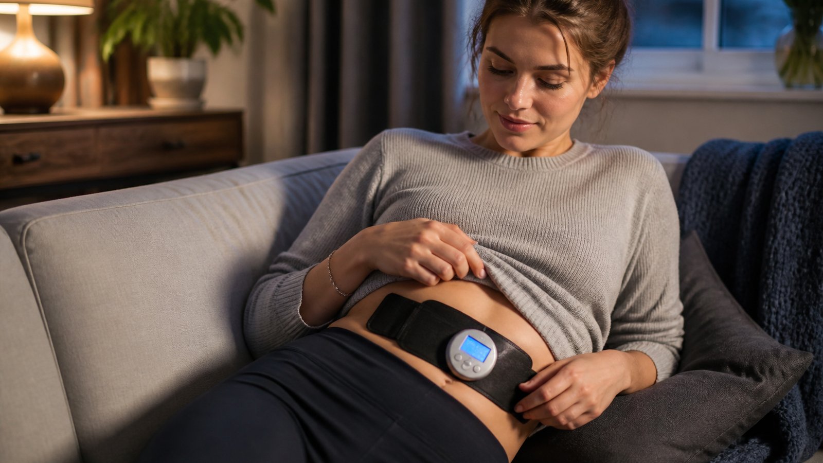 Slim EMS control pod worn discreetly under a soft jumper