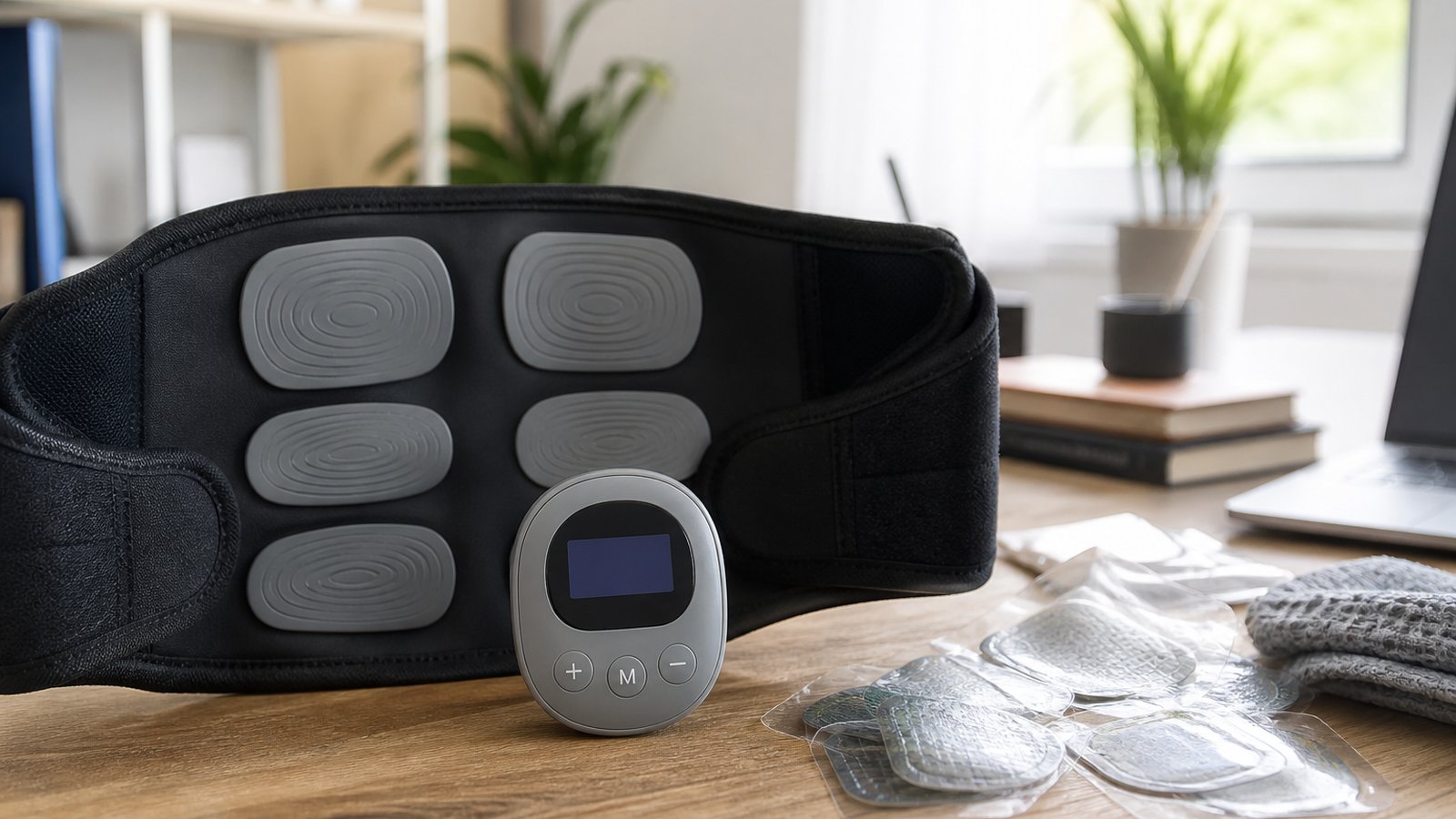 Washable EMS belt ahead of blurred discarded gel pad sheets