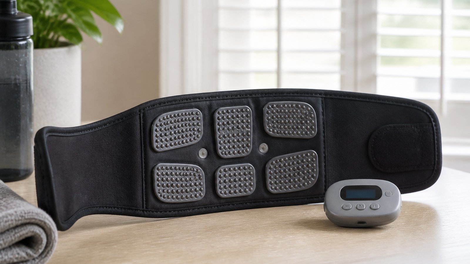 Washable silicone-pad EMS abs trainer belt on a UK yoga mat
