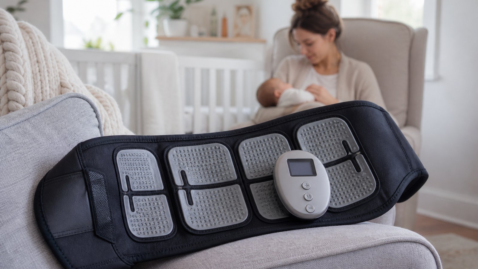 Washable EMS belt resting in a calm UK home nursery corner
