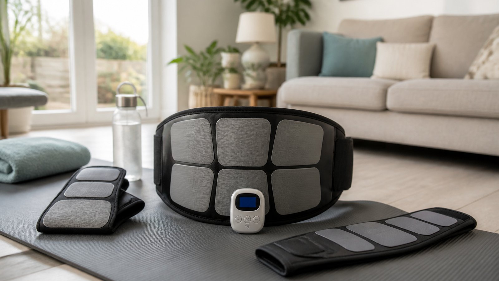 Full-body washable EMS belt on a yoga mat with accessory pads