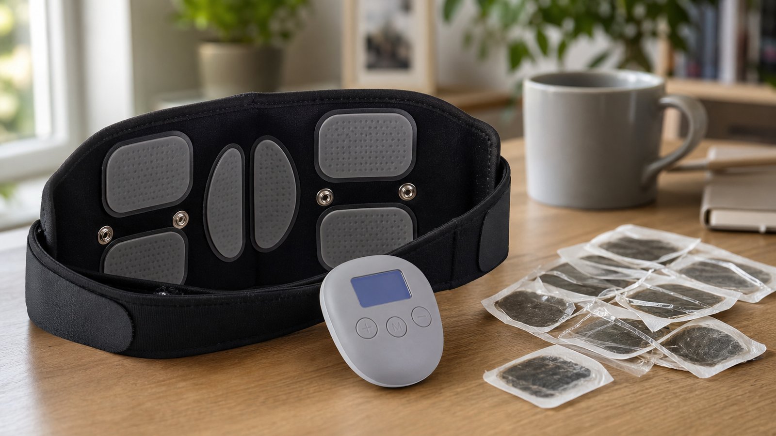 Washable EMS belt ahead of blurred discarded gel pad sheets