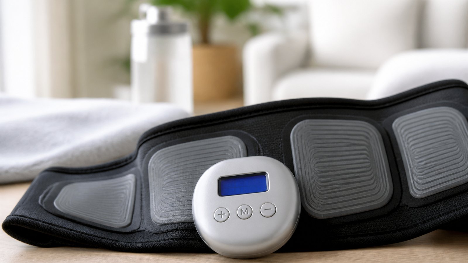 Close view of EMS control pod on a black washable belt