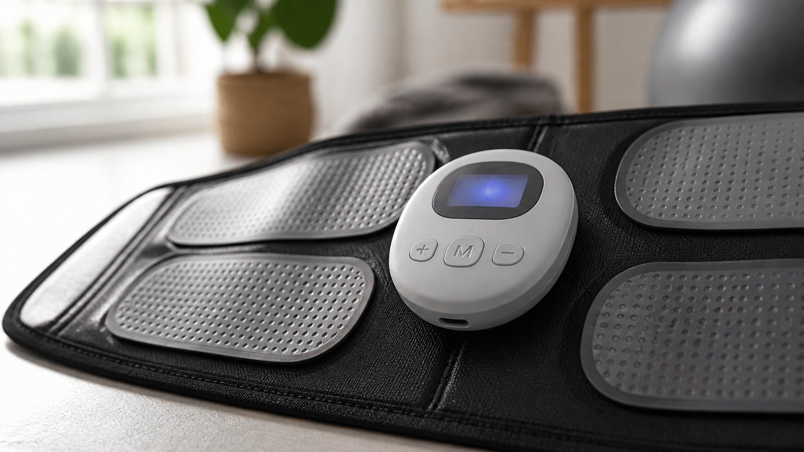 Close view of EMS control pod on a black washable belt
