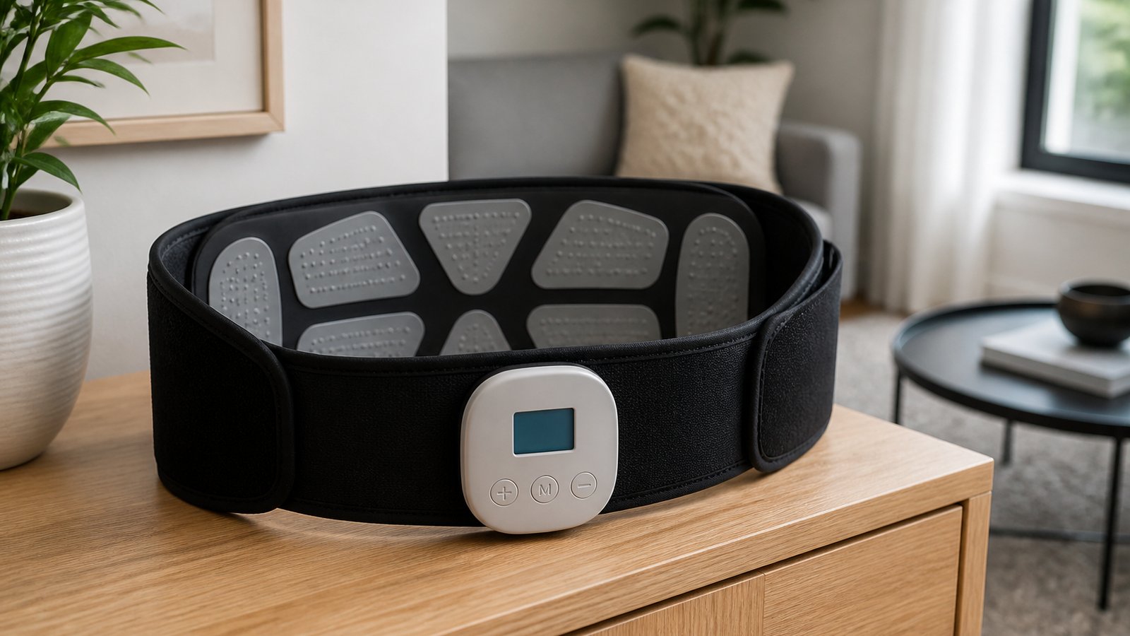 Washable EMS belt centred on a matte desk for buyer checks