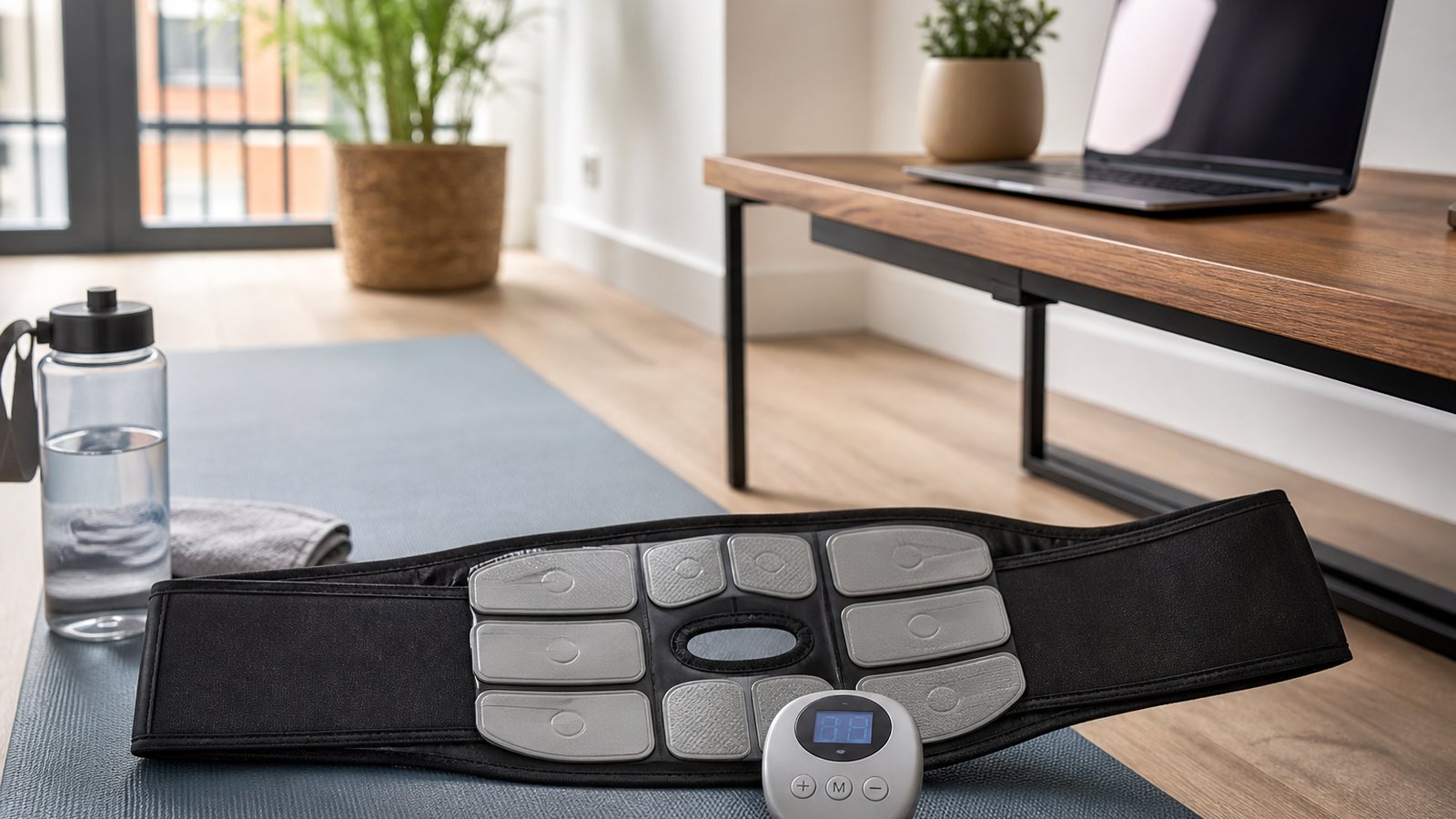 Washable EMS belt on a wooden table for a value decision