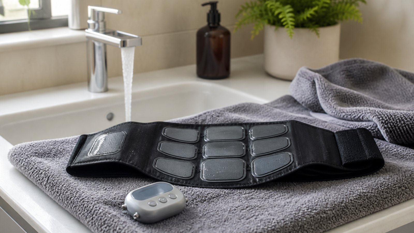 Washable silicone EMS pads rinsing and air drying on a towel