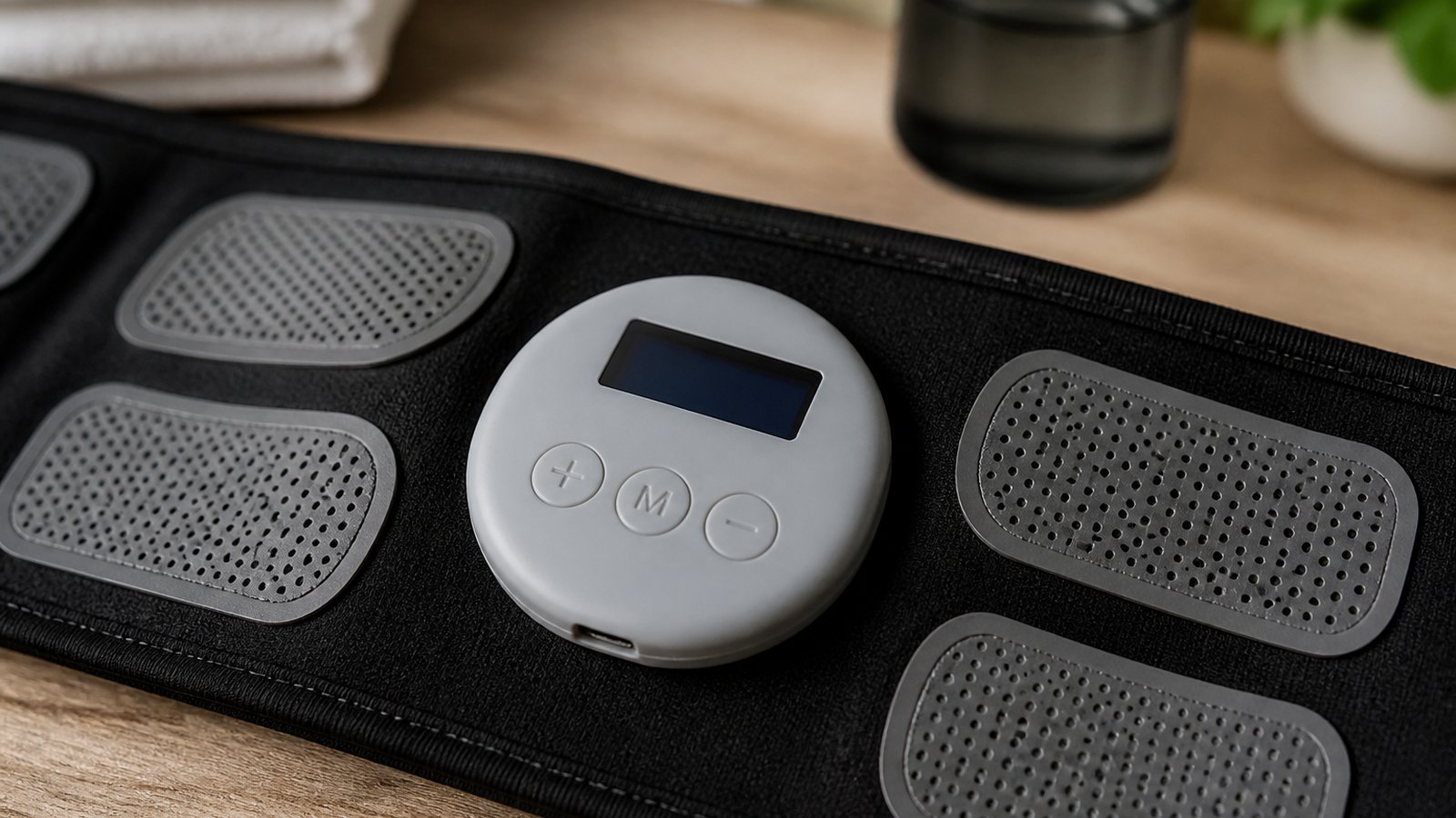 Close view of EMS control pod on a black washable belt