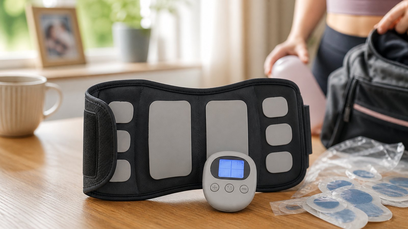 Washable EMS belt ahead of blurred discarded gel pad sheets