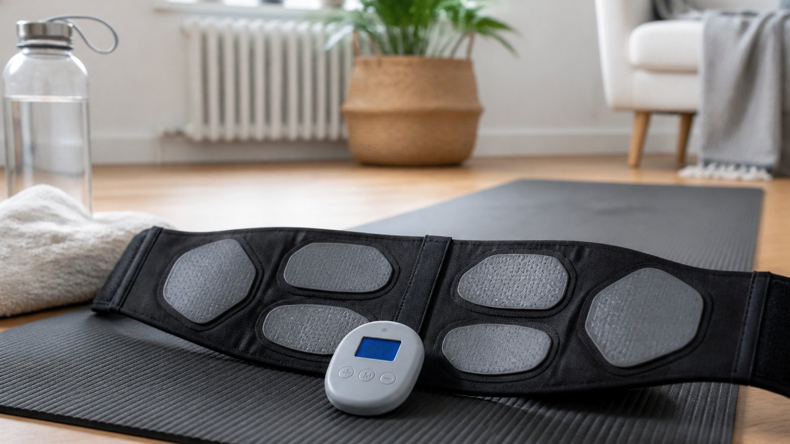 Washable silicone-pad EMS abs trainer belt on a UK yoga mat